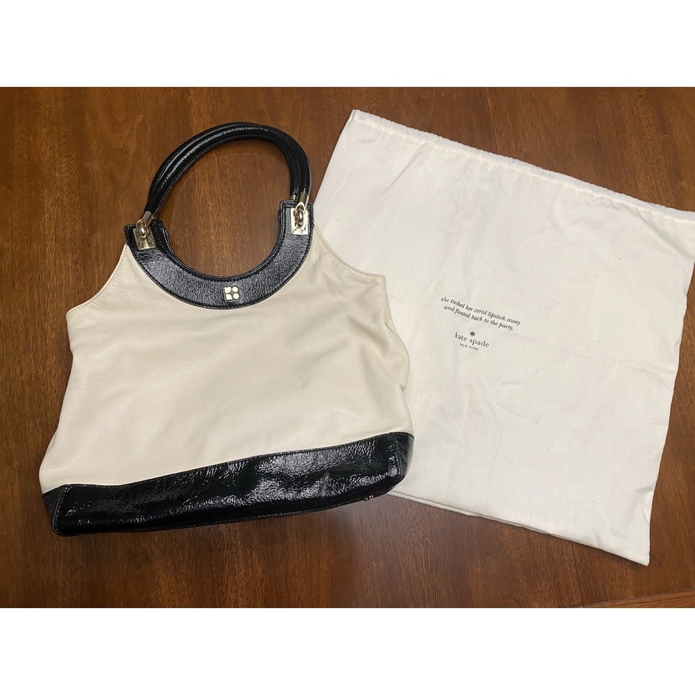 Kate Spade Rory Circle Handle Hobo Bag Cream Black Leather Patent Trim Dot